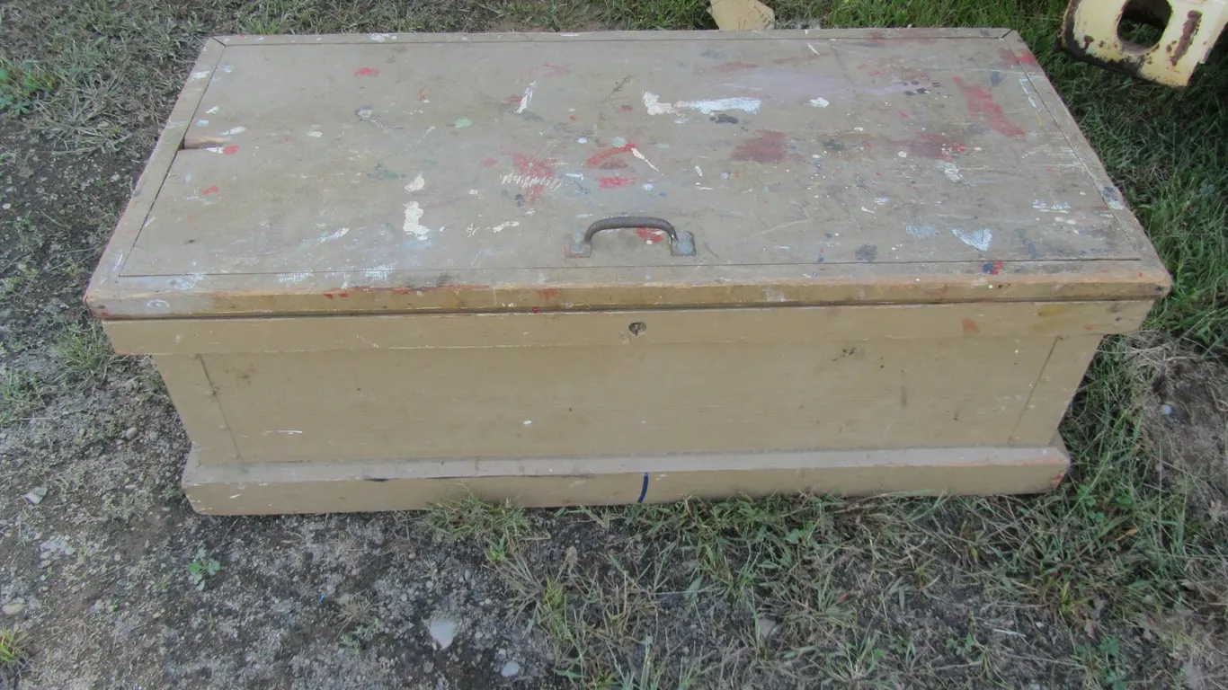 Wood Tool Box Full Of Assorted Tools And Hardware