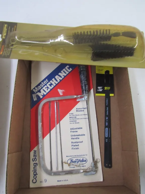 Master Mechanic Coping Saw, 9pc. Tube/Pipe Nylon Brush Set, And (2) Stanley 10" Hack Saw Blades