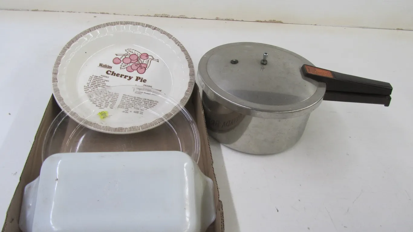 Presto Pressure Cooker, (2) Pie Dishes, And Anchor Hocking Fire King 1 Quart Baking Dish