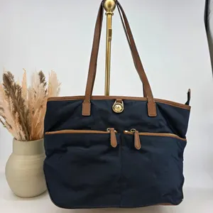Michael Kors Navy Nylon Tote Bag Saffiano Leather Trim Gold Hardware MK Charm