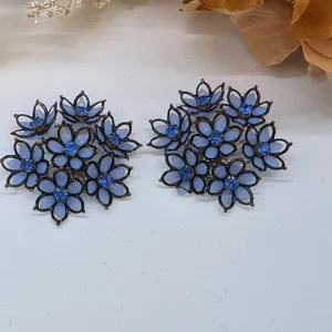 Vintage Blue Flower Cluster Clip On Earrings Rhinestone Frosted Petal Gold Tone