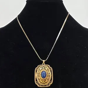 Vintage Avon Gold Tone Filigree Faux Lapis Lazuli Locket Necklace 18KGP Chain
