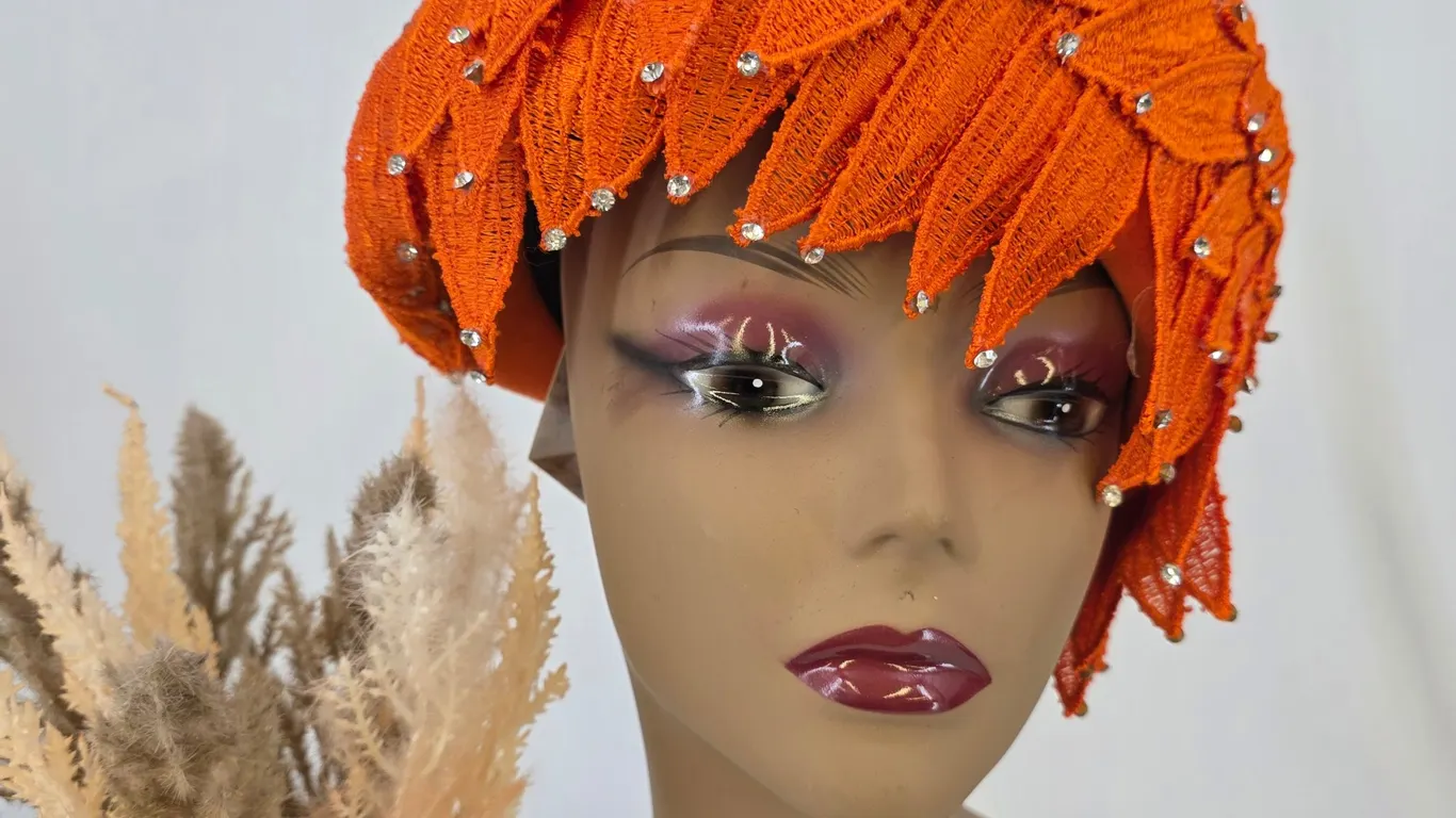 Vintage Orange Wool Leaf Lace Rhinestone Fascinator Hat Made in USA
