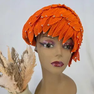 Vintage Orange Wool Leaf Lace Rhinestone Fascinator Hat Made in USA
