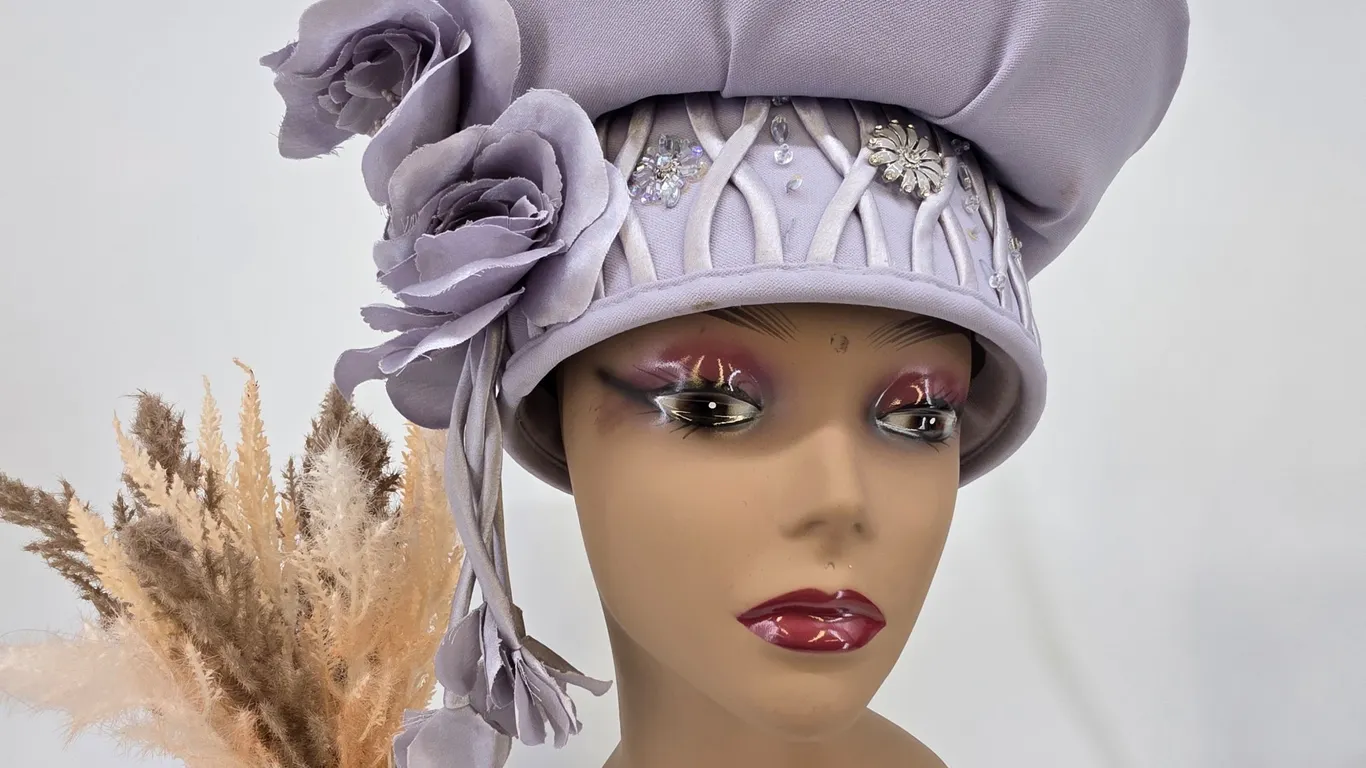 ML Studio Lavender Church Hat Floral Beaded Formal Dress Hat