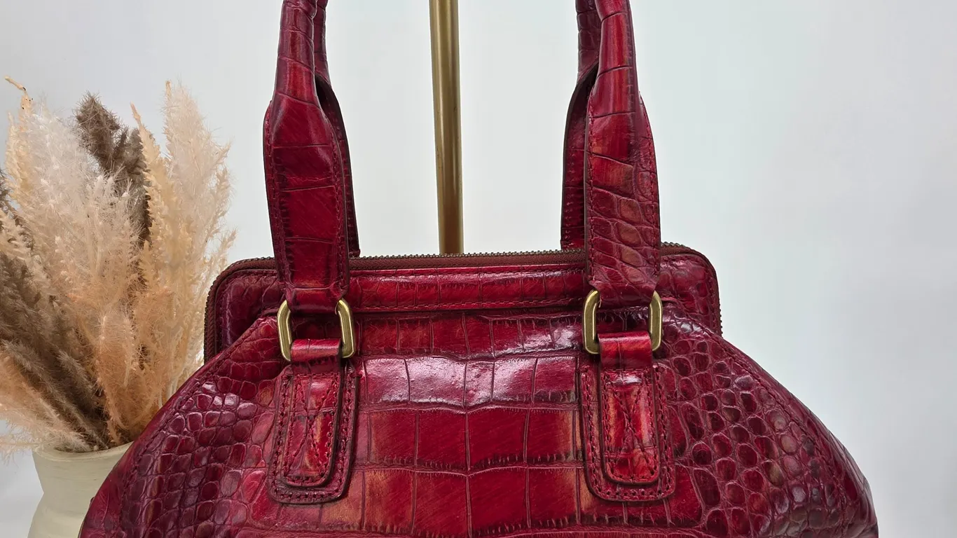 Cole Haan Red Croc Embossed Leather Satchel Handbag Brass Hardware
