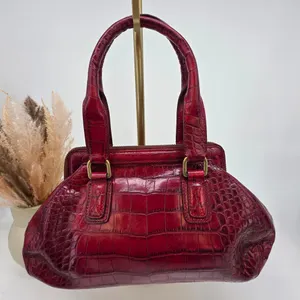 Cole Haan Red Croc Embossed Leather Satchel Handbag Brass Hardware