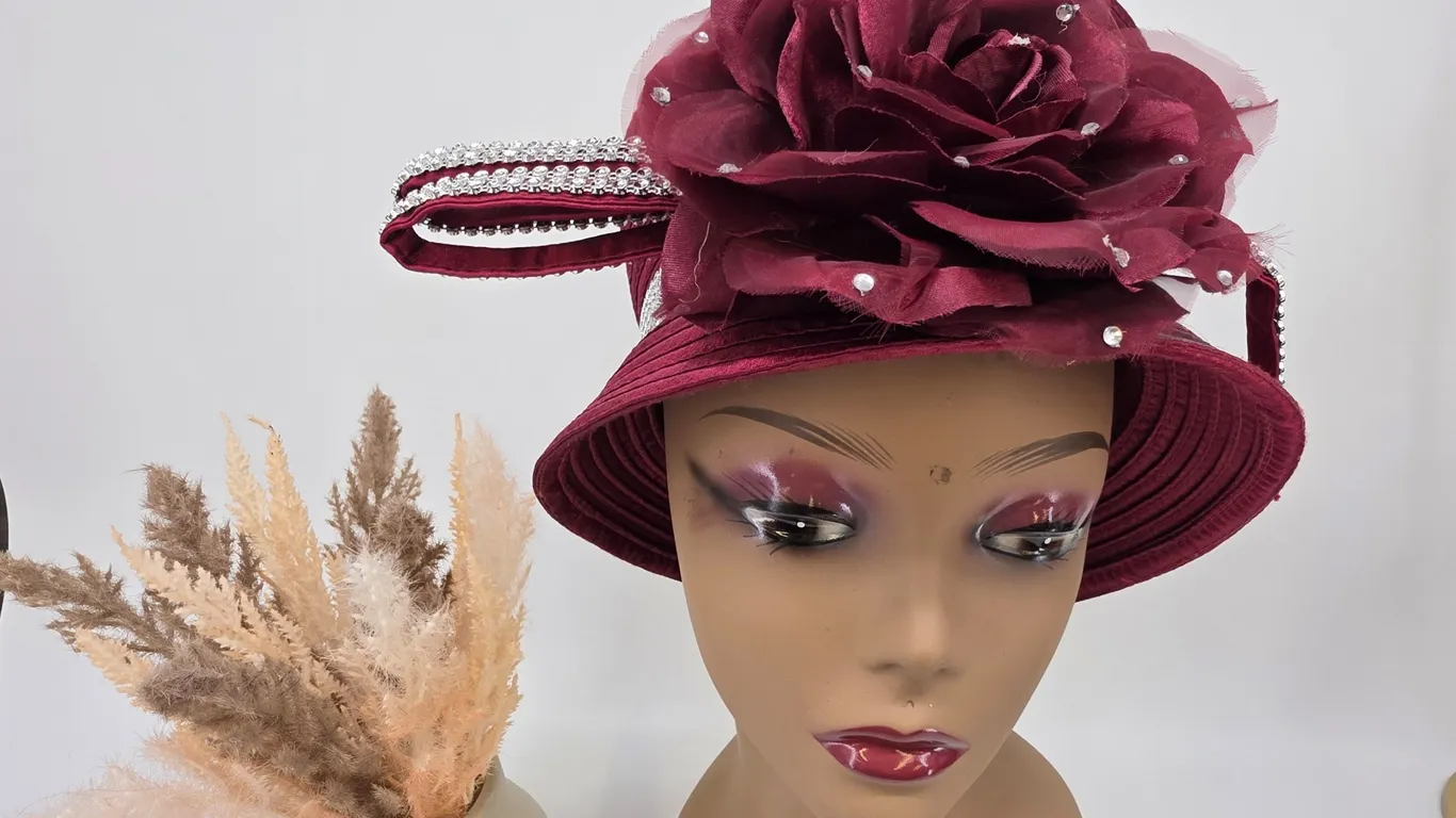 Burgundy Satin Church Hat Rhinestone Rose Formal Wedding Derby Pillbox Hat