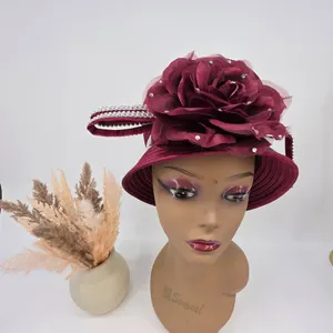 Burgundy Satin Church Hat Rhinestone Rose Formal Wedding Derby Pillbox Hat