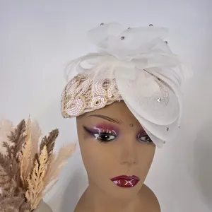 Mr Hi's Classic Vintage White Gold Sequin Lace Pillbox Hat Feather Fascinator