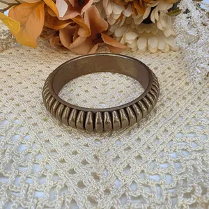 Vintage Ribbed Brass Tone Bangle Bracelet Chunky Antiqued Boho Statement Jewelry