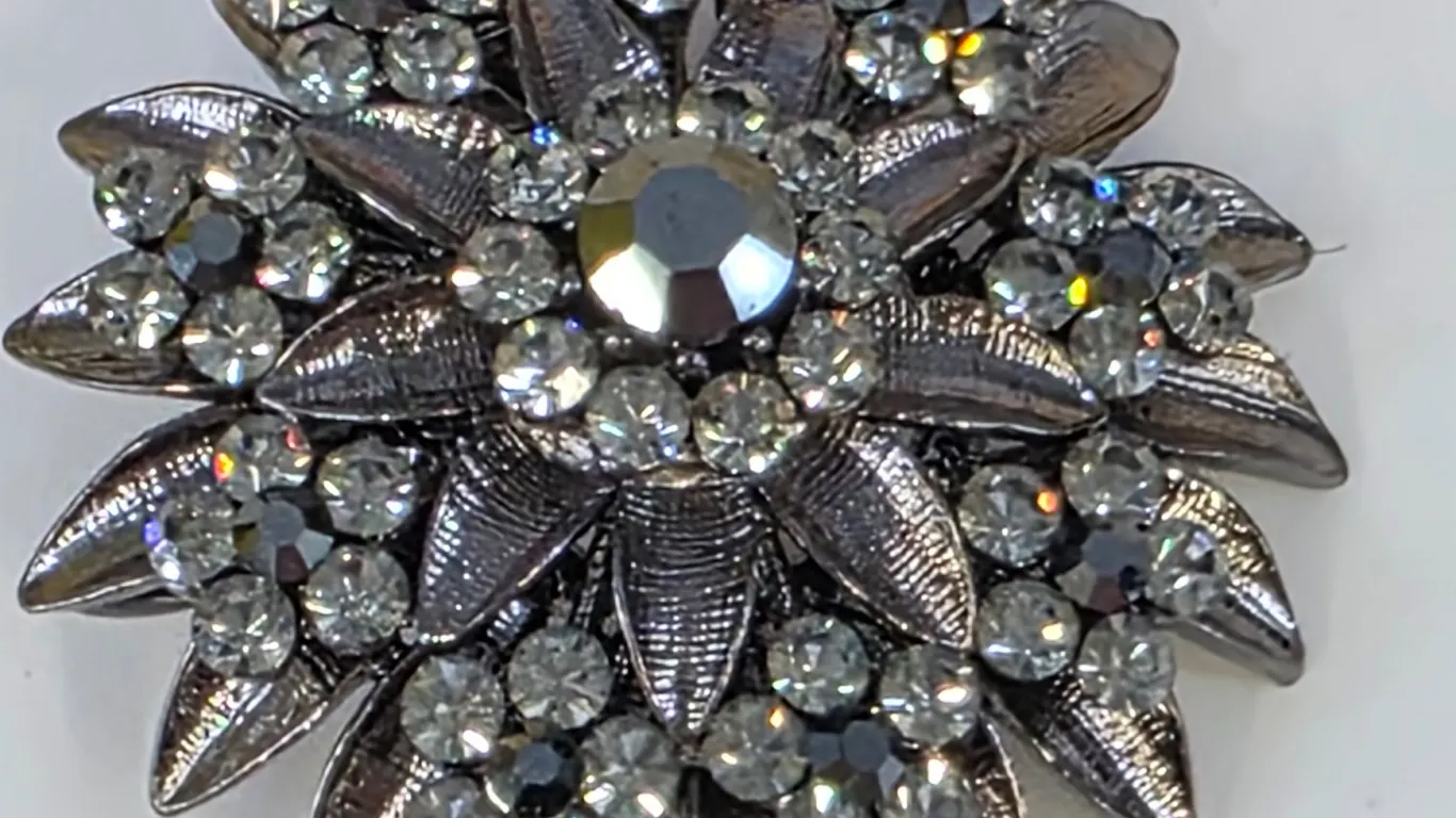 Gunmetal Sunflower Floral Rhinestone Brooch Pin Clear Crystal Sunburst
