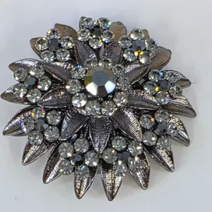 Gunmetal Sunflower Floral Rhinestone Brooch Pin Clear Crystal Sunburst