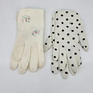Vintage Womens Gloves Set Floral Embroidered Cream & Polka Dot White 2 Pairs