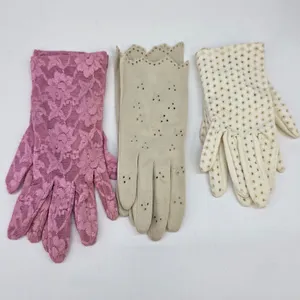 Vintage Gloves Lot 3 Pairs Pink Lace Beige Cherry Eyelet Cream Mesh Tea