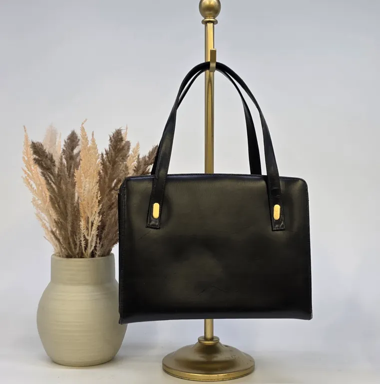 Vintage Calego Black Leather Handbag Made in Canada Gold Kiss Lock Frame Bag