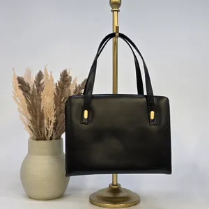Vintage Calego Black Leather Handbag Made in Canada Gold Kiss Lock Frame Bag