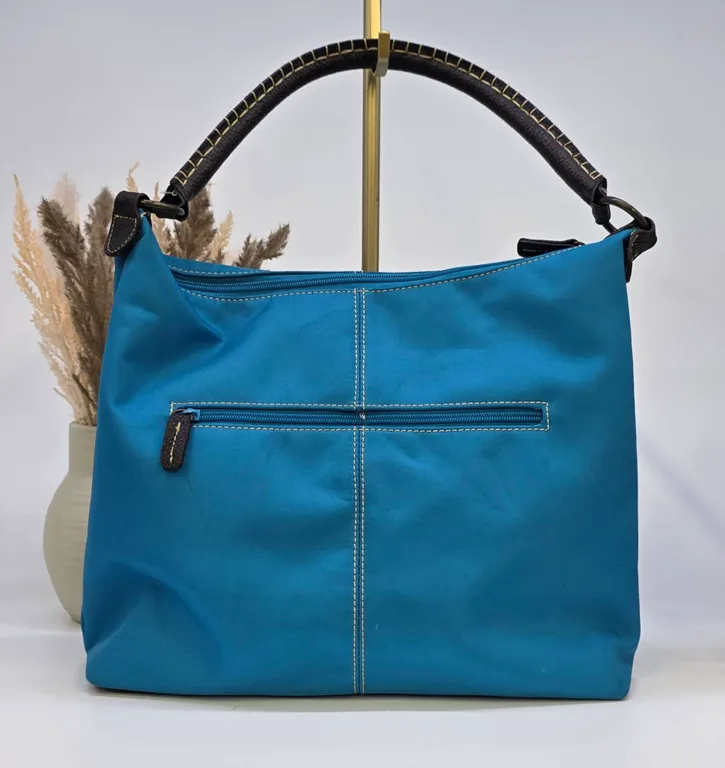 Turquoise Blue Nylon Hobo Bag Brown Leather Trim Whipstitch Handle