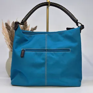 Turquoise Blue Nylon Hobo Bag Brown Leather Trim Whipstitch Handle