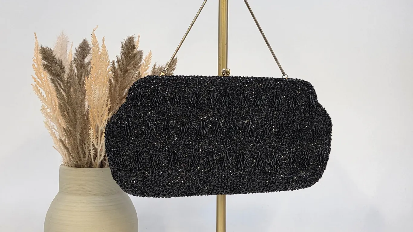 Vintage Mambro Original Black Beaded Sequin Clutch Evening Bag Rhinestone Clasp