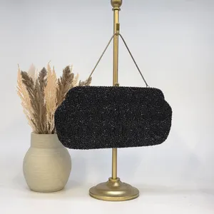 Vintage Mambro Original Black Beaded Sequin Clutch Evening Bag Rhinestone Clasp