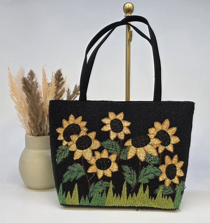 Vintage Beaded Sunflower Tote Bag Sequin Floral Black Shoulder Bag Zip Top