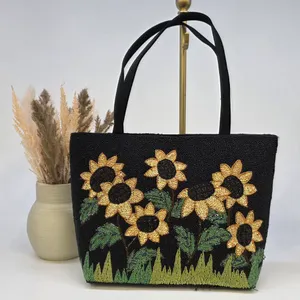 Vintage Beaded Sunflower Tote Bag Sequin Floral Black Shoulder Bag Zip Top