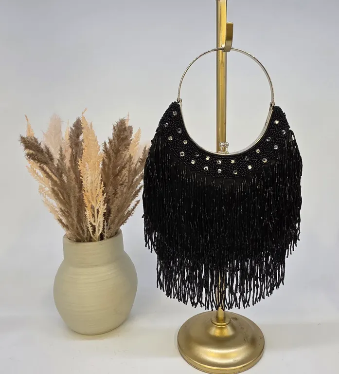 Black Beaded Fringe Evening Bag Rhinestone Kiss Lock Silver Handle Clutch