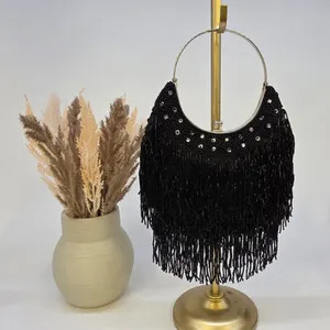 Black Beaded Fringe Evening Bag Rhinestone Kiss Lock Silver Handle Clutch