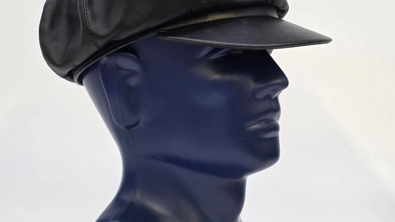 Vintage Mens Black Vinyl Newsboy Cap Baker Boy Hat 8 Panel