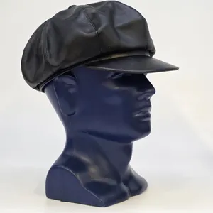 Vintage Mens Black Vinyl Newsboy Cap Baker Boy Hat 8 Panel
