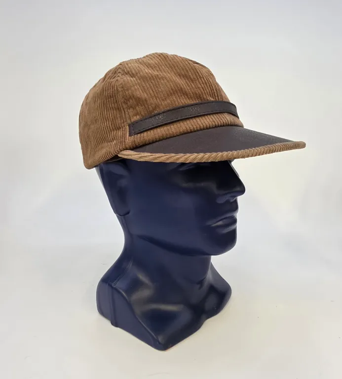 Vintage Style Brown Corduroy Baseball Cap with Faux Leather Brim Mens Hat Tan