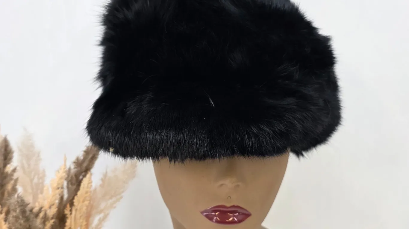 Black Rabbit Hair Blend Fur Pillbox Hat Winter Warm Plush Cap
