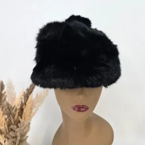 Black Rabbit Hair Blend Fur Pillbox Hat Winter Warm Plush Cap