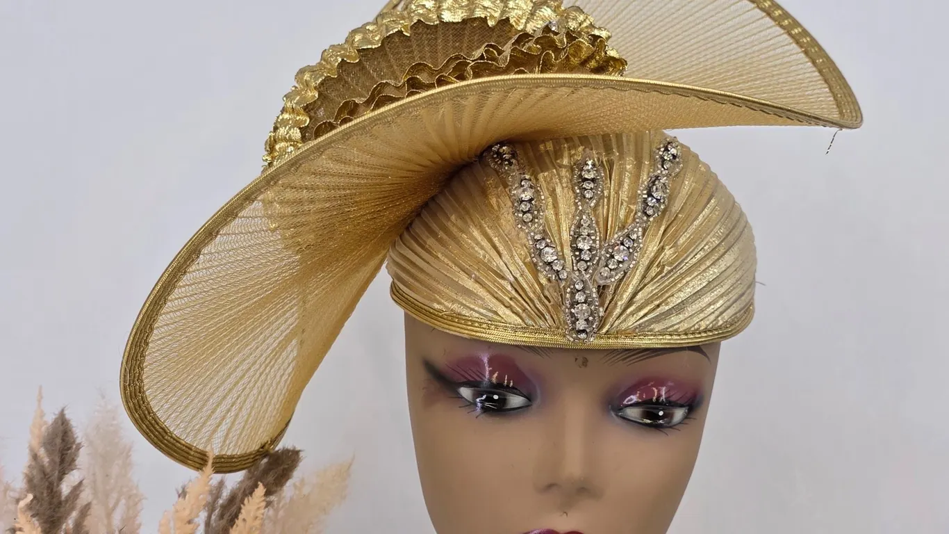 Designed by Sylvia Vintage Gold Metallic Rhinestone Pillbox Hat Mesh Fascinator