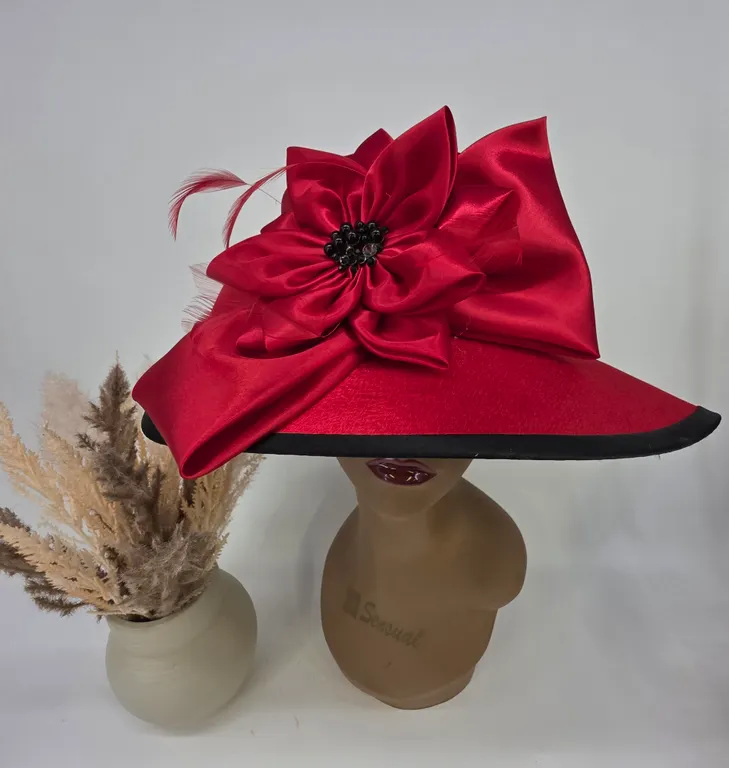 August Hat Company Red Satin Floral Wide Brim Dress Hat Church Derby