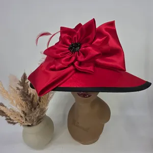 August Hat Company Red Satin Floral Wide Brim Dress Hat Church Derby