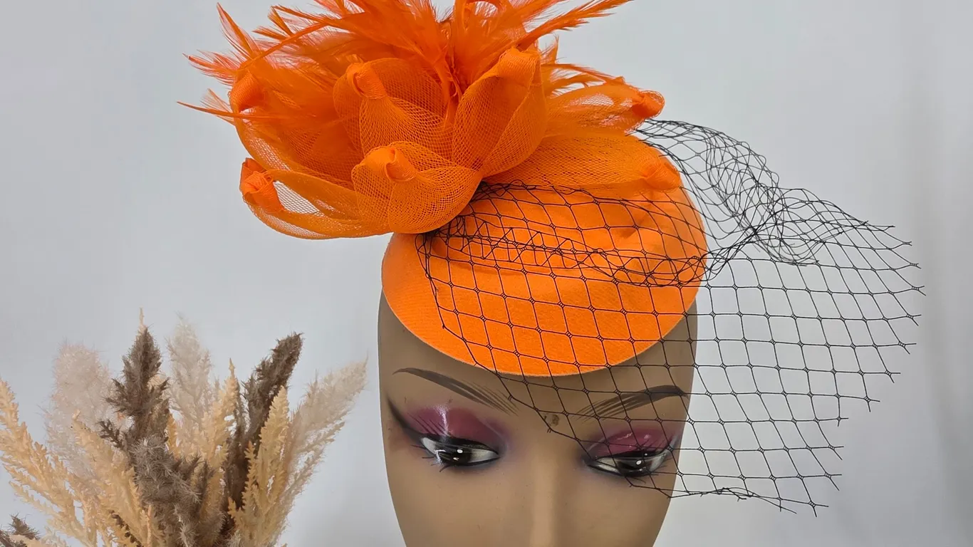 Orange Fascinator Pillbox Hat Feather Mesh Birdcage Veil Wedding Tea Party Clip