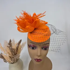 Orange Fascinator Pillbox Hat Feather Mesh Birdcage Veil Wedding Tea Party Clip