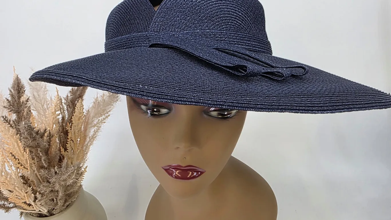Navy Blue Wide Brim Sun Hat Woven Metallic Ribbon Accent Formal Derby Hat