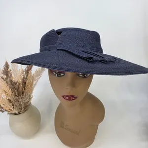 Navy Blue Wide Brim Sun Hat Woven Metallic Ribbon Accent Formal Derby Hat