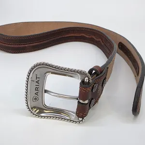 Ariat Mens Brown Leather Western Belt Ostrich Print Engraved Buckle sz 38