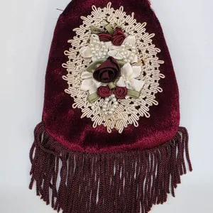 Burgundy Velvet Floral Pouch Fringe Victorian Style Coin Purse Burgundy Wine