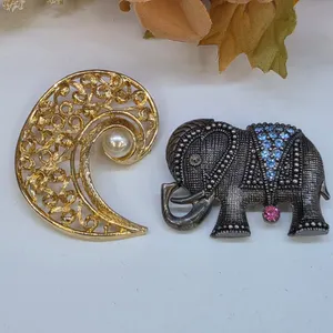 Brooch Set Elephant Rhinestone Silver Tone & Gold Tone Faux Pearl Swirl