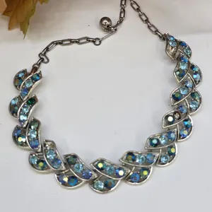 Blue Leaf Link Choker Necklace Silver Tone