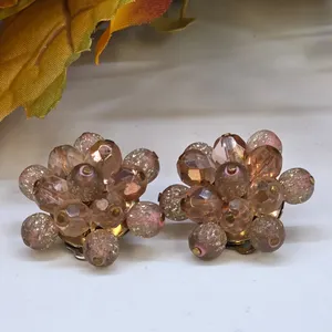 Vintage Pink Champagne Beaded Cluster Clip On Earrings Gold Tone Mid Century
