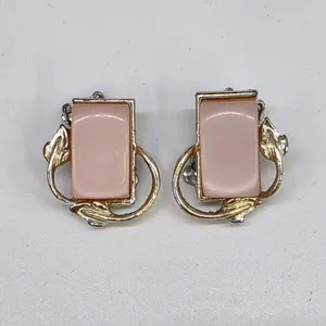 Vintage Coro Pink Thermoset Clip On Earrings Gold Tone Leaf Floral Mid Century