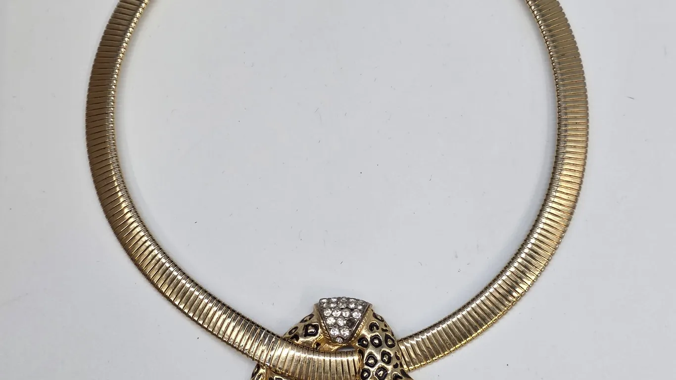 Gold Tone Omega Chain Panther Necklace Rhinestone Enamel Statement