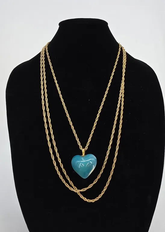 Teal Blue Glass Heart Pendant Gold Tone Multi Strand Rope Chain Necklace