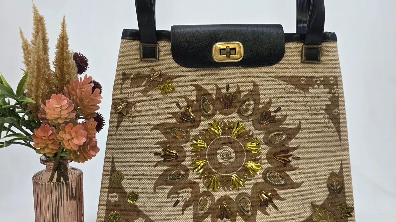 Vintage Burlap Sunburst Satchel Bag Gold Sequin Bead Bee Detail Black Trim